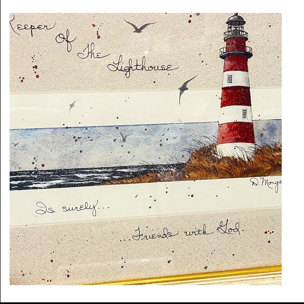 Lighthouse Art Framed Scene Signed By Artist D Morgan 17" x 11" Oak Frame Vtg - Picture 3 of 7